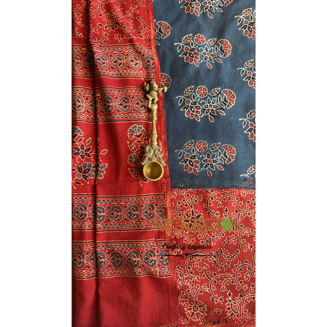 Blue Natural Dyed Ajrakh  Handblock Print - Unstitched Suit Set With Dupatta