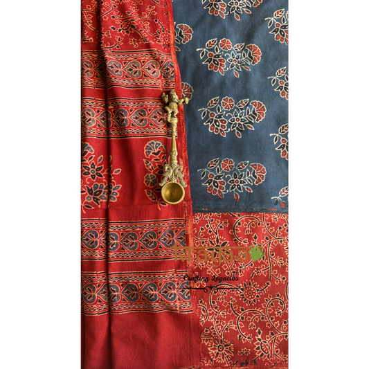 Blue Natural Dyed Ajrakh  Handblock Print - Unstitched Suit Set With Dupatta