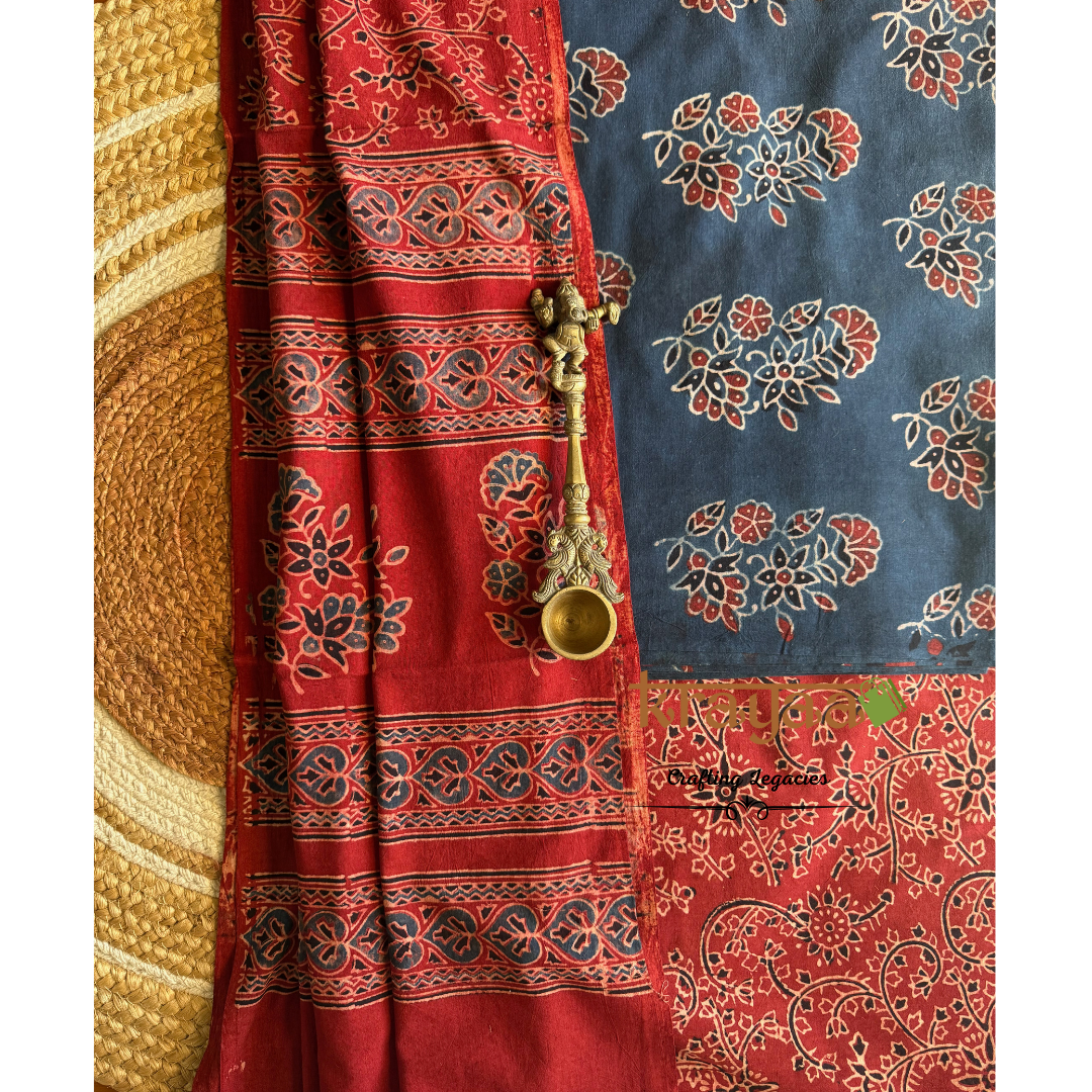 Blue Natural Dyed Ajrakh  Handblock Print - Unstitched Suit Set With Dupatta