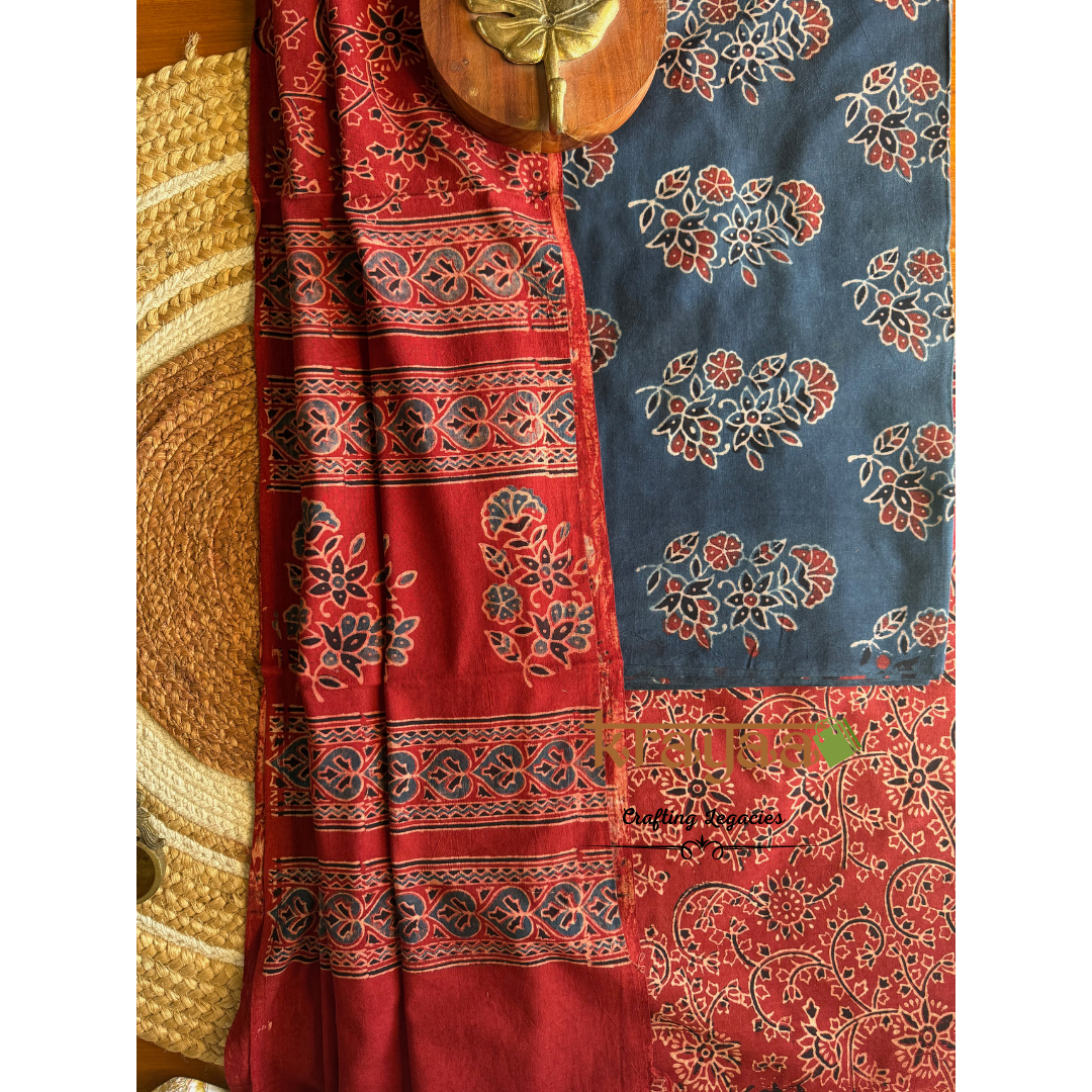 Blue Natural Dyed Ajrakh  Handblock Print - Unstitched Suit Set With Dupatta