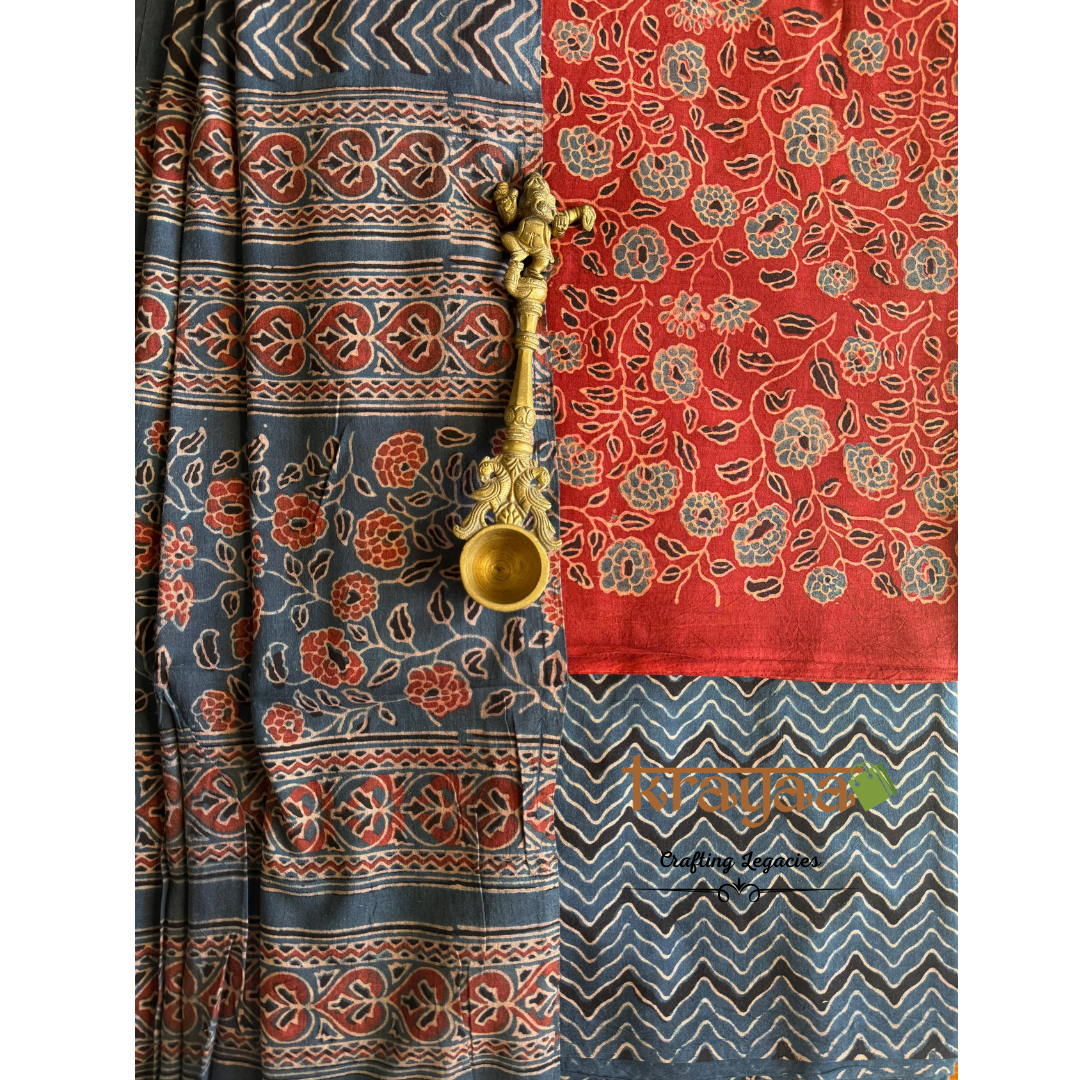 Red Natural Dyed Ajrakh  Handblock Print - Unstitched Suit Set With Dupatta