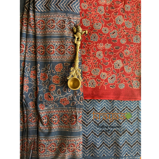 Red Natural Dyed Ajrakh  Handblock Print - Unstitched Suit Set With Dupatta