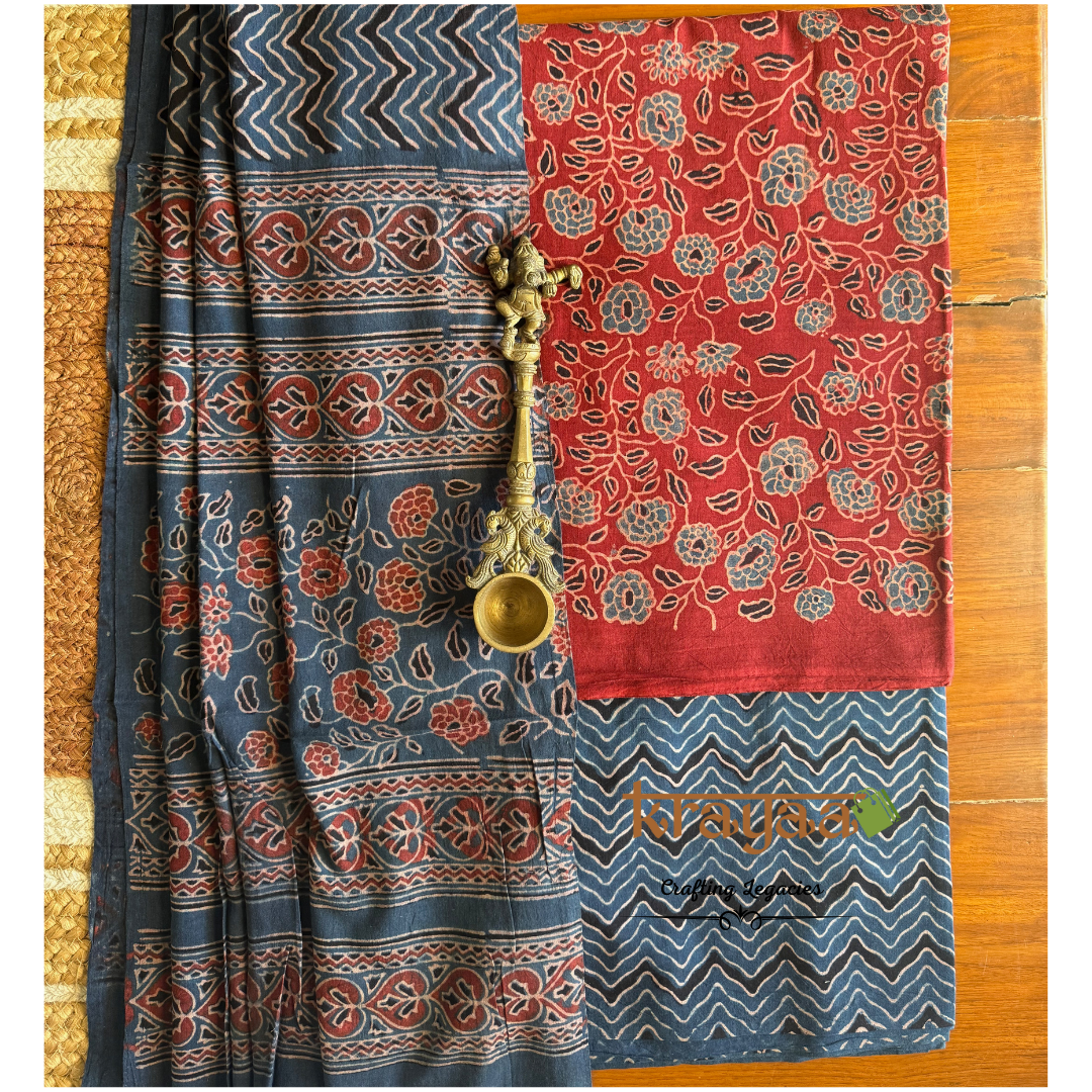 Red Natural Dyed Ajrakh  Handblock Print - Unstitched Suit Set With Dupatta
