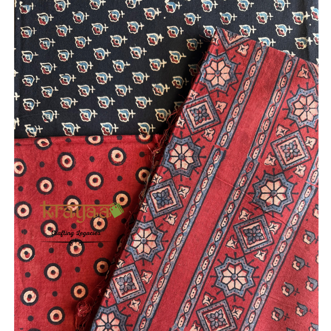 Black Natural Dyed Ajrakh  Handblock Print - Unstitched Suit Set With Dupatta