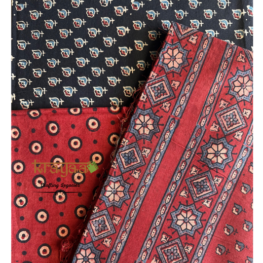 Black Natural Dyed Ajrakh  Handblock Print - Unstitched Suit Set With Dupatta