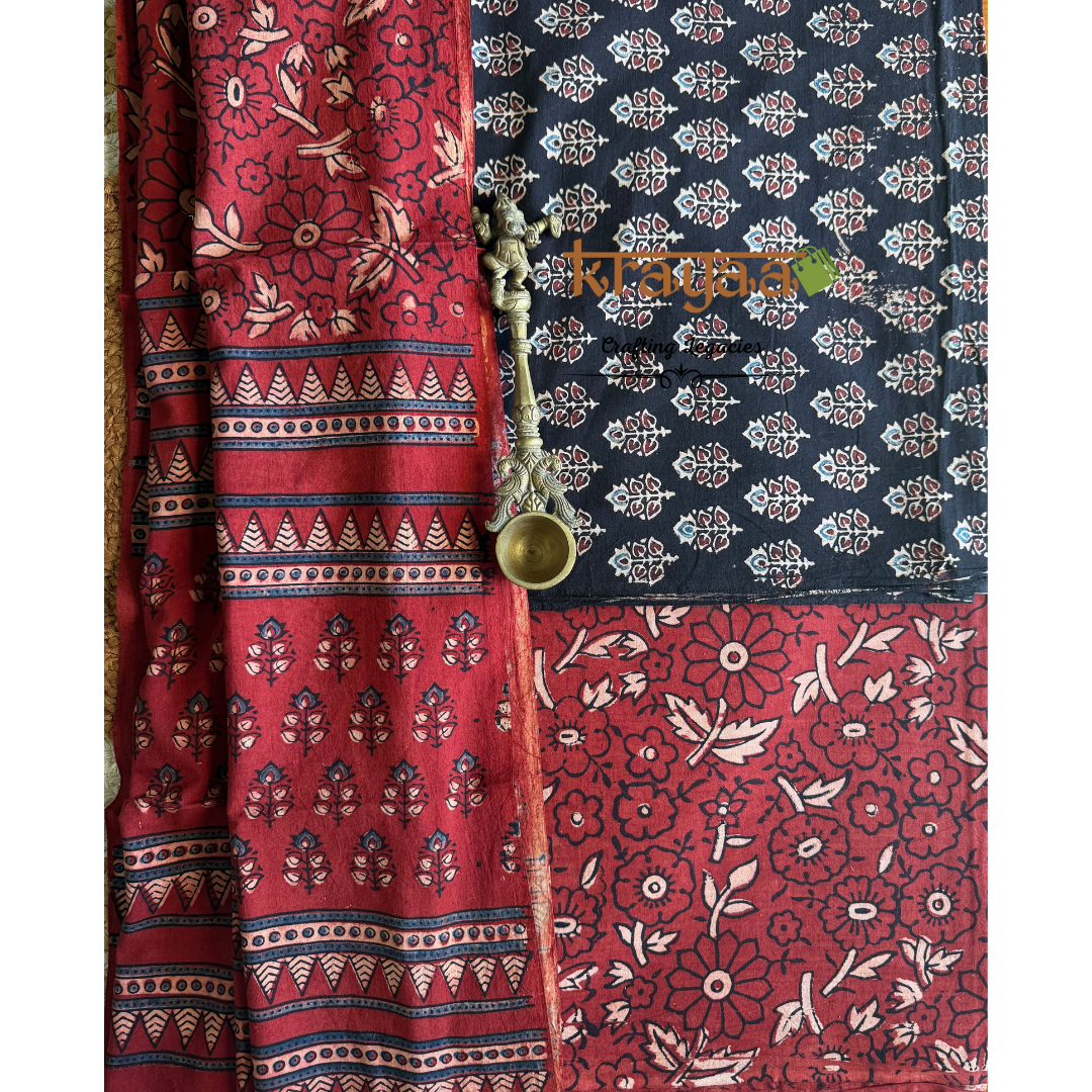 Black Natural Dyed Ajrakh  Handblock Print - Unstitched Suit Set With Dupatta