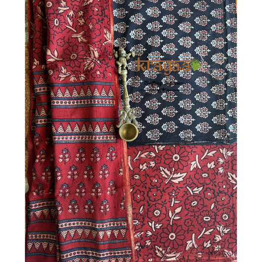 Black Natural Dyed Ajrakh  Handblock Print - Unstitched Suit Set With Dupatta