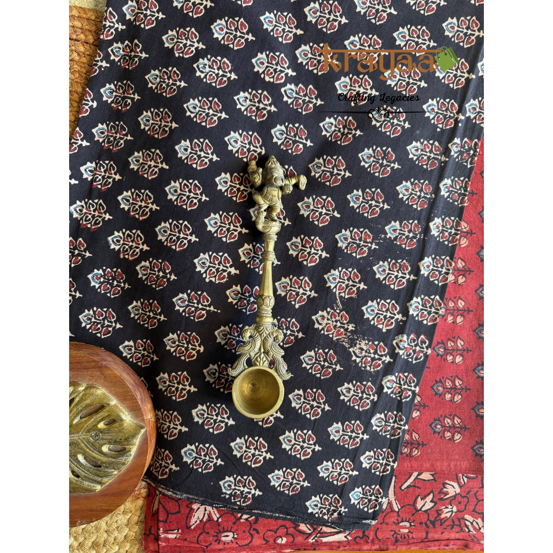 Black Natural Dyed Ajrakh  Handblock Print - Unstitched Suit Set With Dupatta