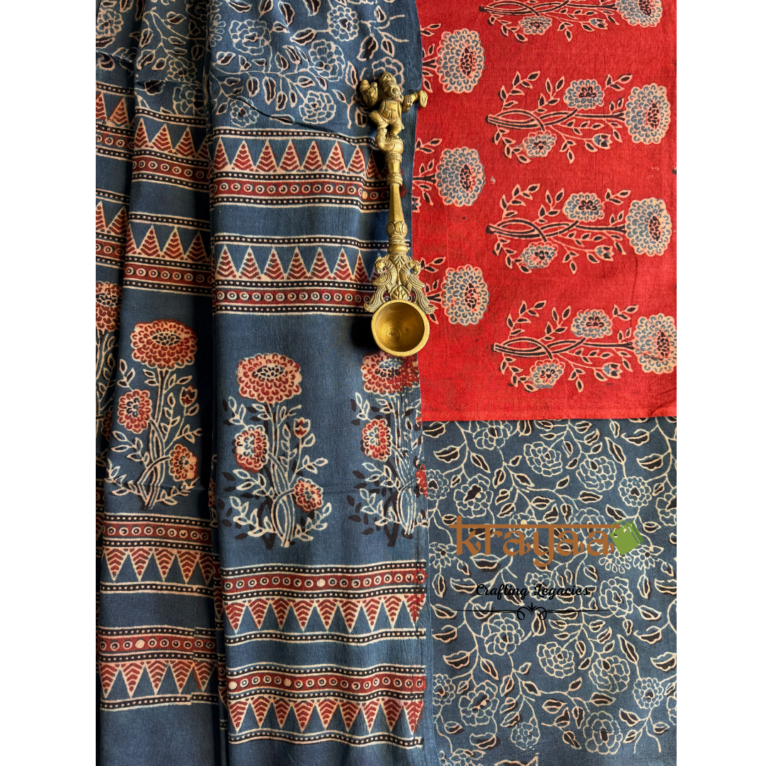 Red Natural Dyed Ajrakh  Handblock Print - Unstitched Suit Set With Dupatta