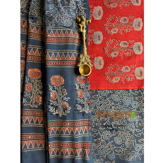 Red Natural Dyed Ajrakh  Handblock Print - Unstitched Suit Set With Dupatta