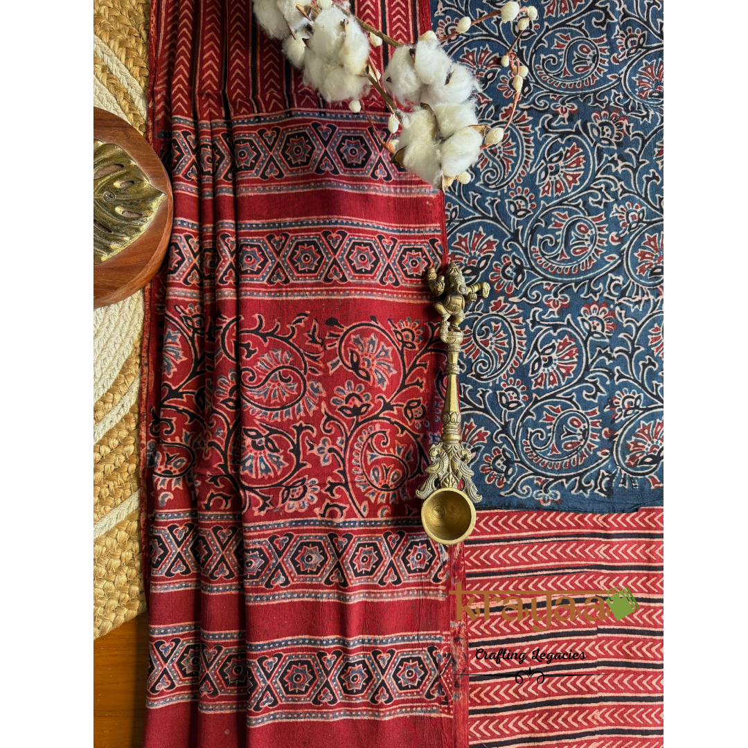 Blue Natural Dyed Ajrakh  Handblock Print - Unstitched Suit Set With Dupatta