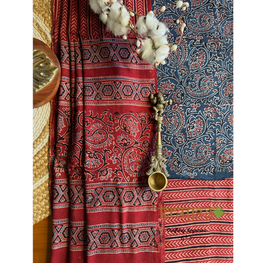 Blue Natural Dyed Ajrakh  Handblock Print - Unstitched Suit Set With Dupatta