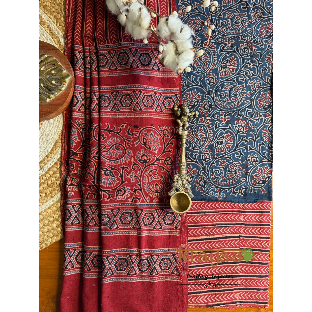 Blue Natural Dyed Ajrakh  Handblock Print - Unstitched Suit Set With Dupatta