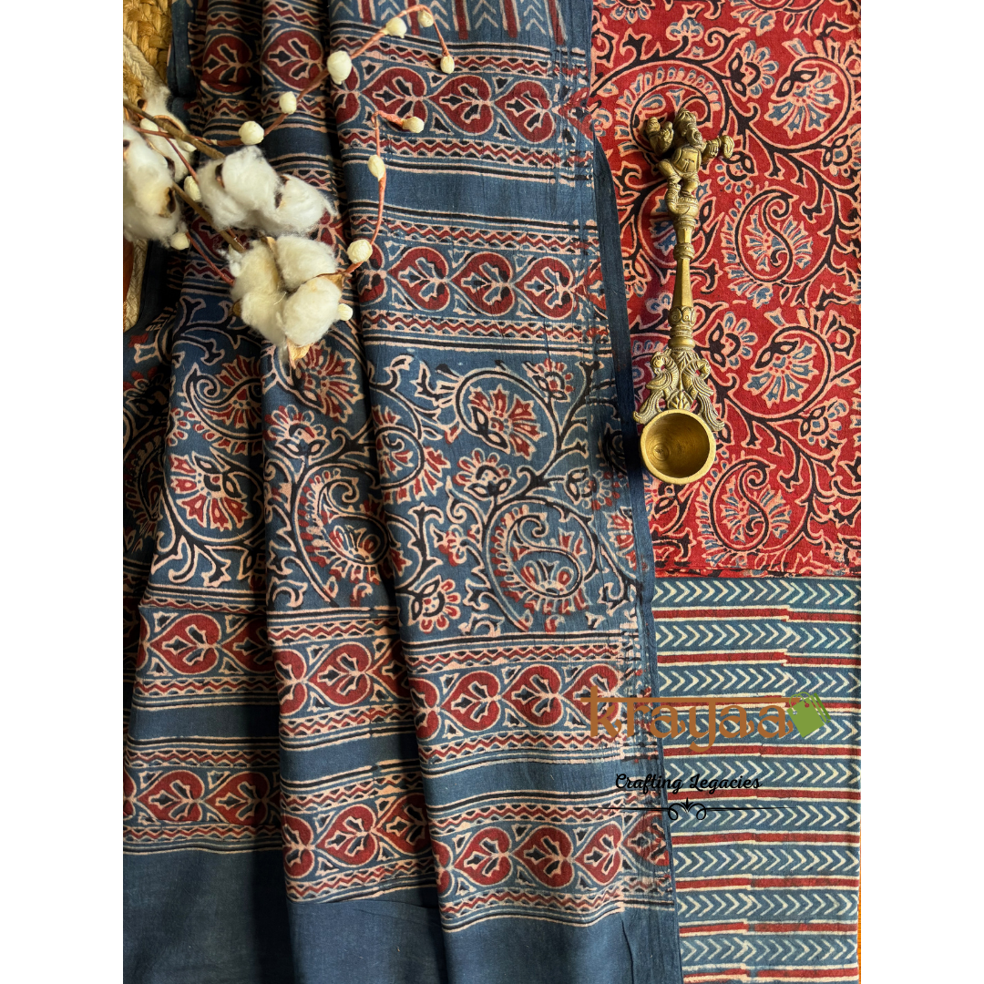 Red Natural Dyed Ajrakh  Handblock Print - Unstitched Suit Set With Dupatta