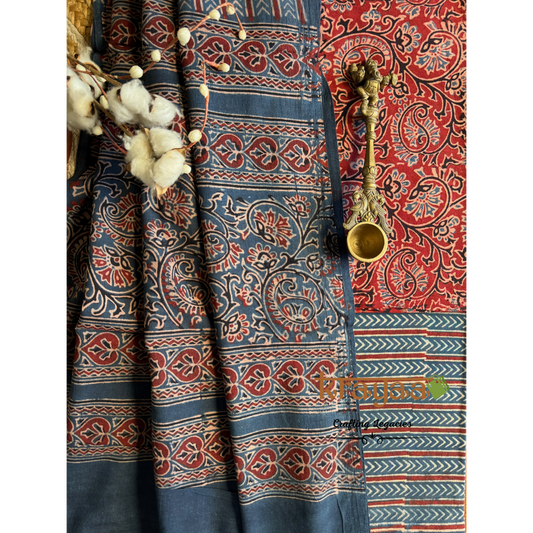 Red Natural Dyed Ajrakh  Handblock Print - Unstitched Suit Set With Dupatta