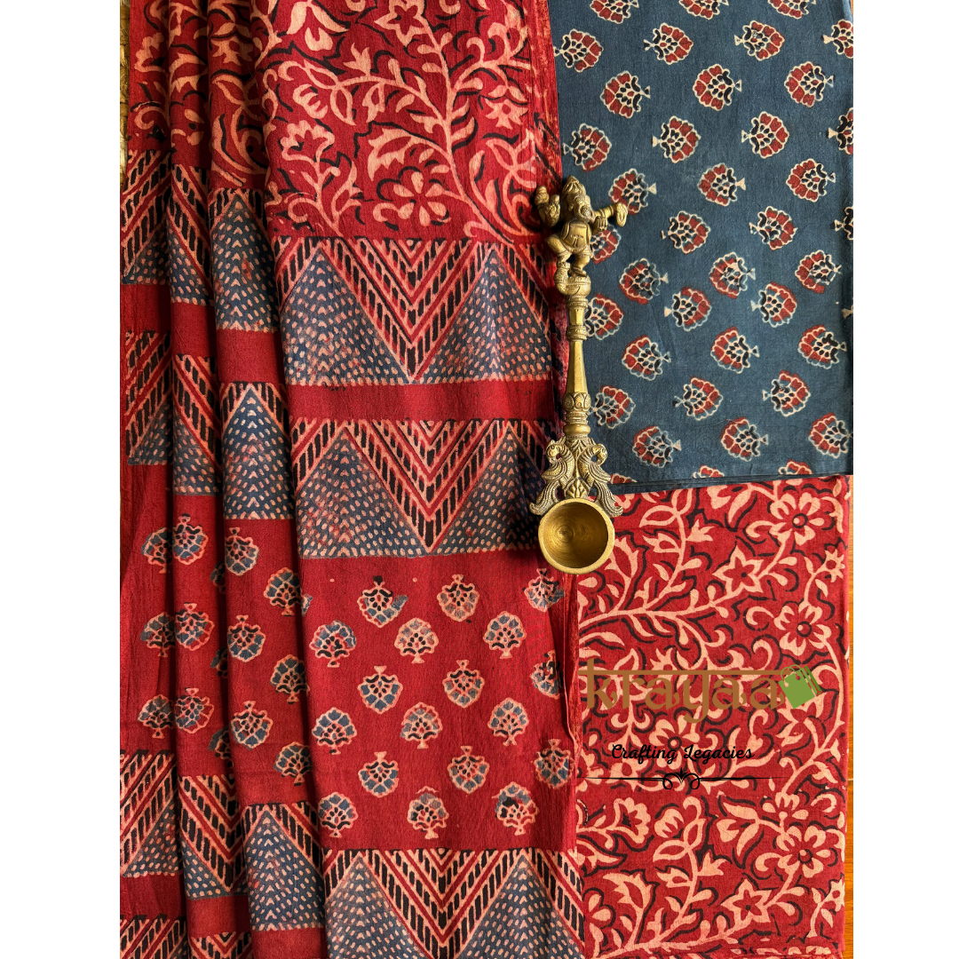 Blue Natural Dyed Ajrakh  Handblock Print - Unstitched Suit Set With Dupatta