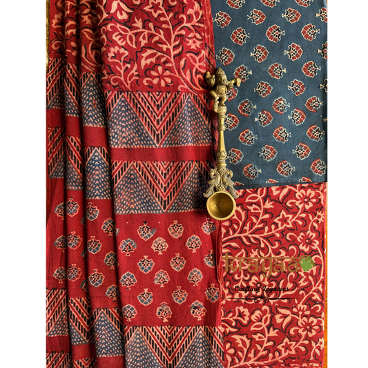 Blue Natural Dyed Ajrakh  Handblock Print - Unstitched Suit Set With Dupatta
