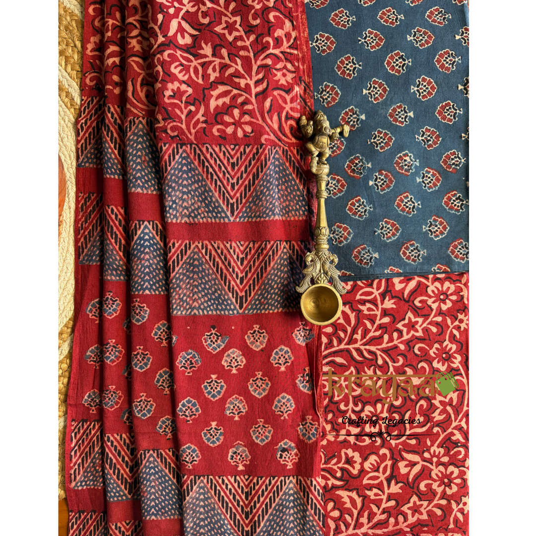 Blue Natural Dyed Ajrakh  Handblock Print - Unstitched Suit Set With Dupatta