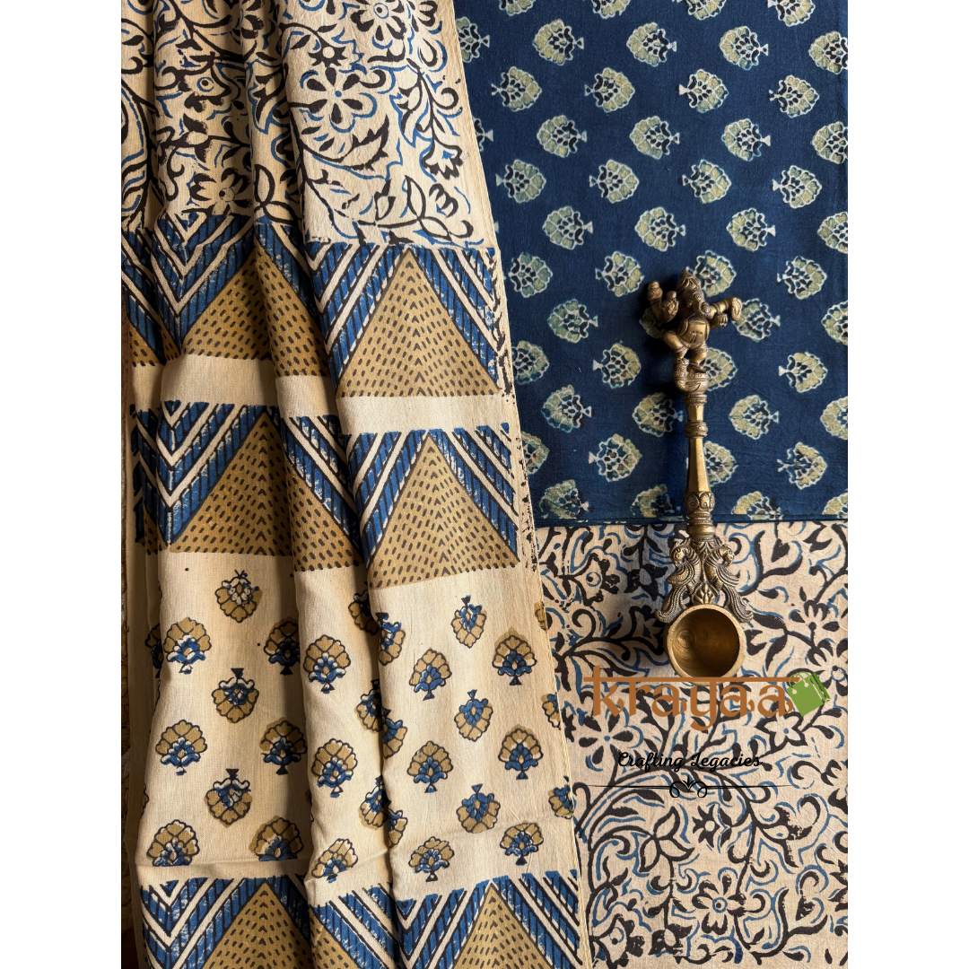 Blue Natural Dyed Ajrakh  Handblock Print - Unstitched Suit Set With Dupatta