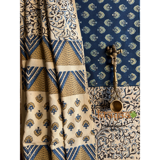 Blue Natural Dyed Ajrakh  Handblock Print - Unstitched Suit Set With Dupatta