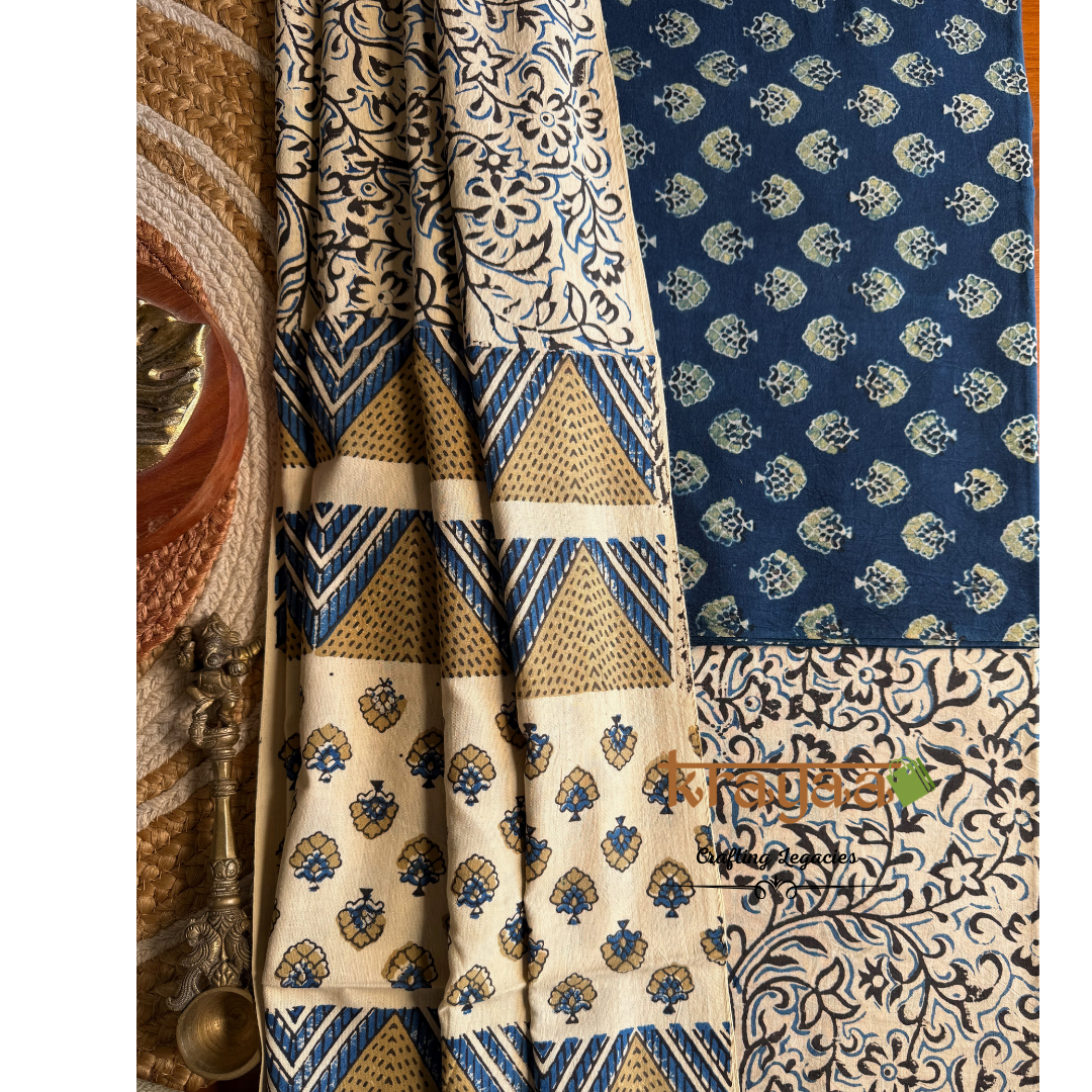 Blue Natural Dyed Ajrakh  Handblock Print - Unstitched Suit Set With Dupatta