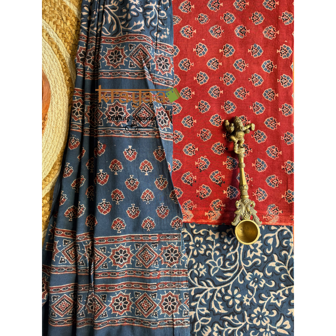 Red Natural Dyed Ajrakh  Handblock Print - Unstitched Suit Set With Dupatta