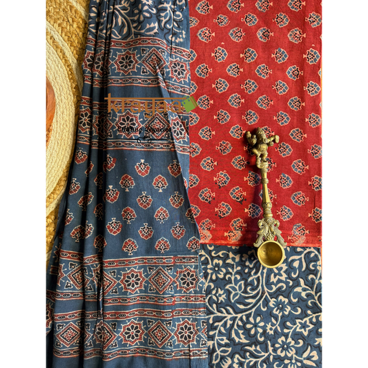 Red Natural Dyed Ajrakh  Handblock Print - Unstitched Suit Set With Dupatta