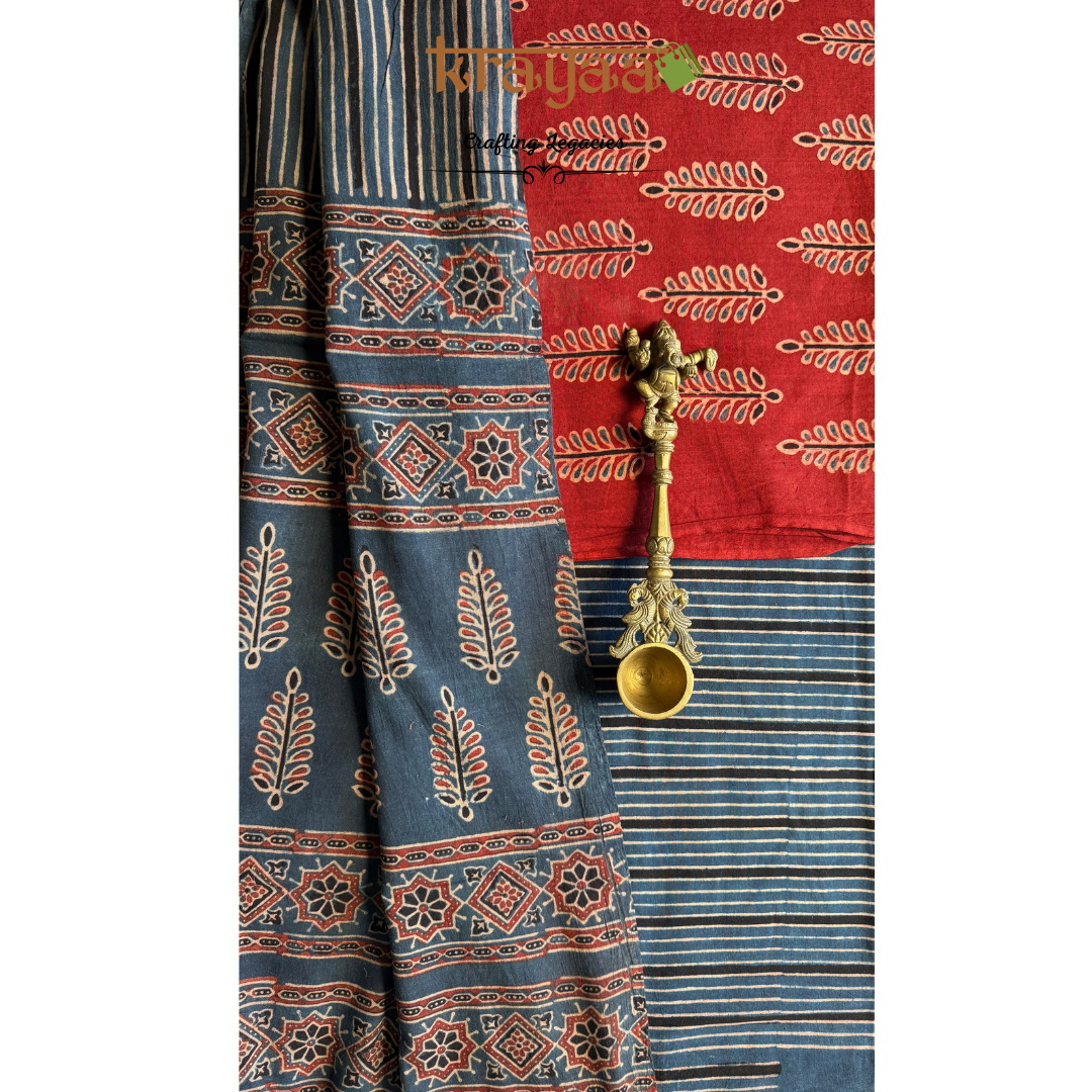 Red Natural Dyed Ajrakh  Handblock Print - Unstitched Suit Set With Dupatta