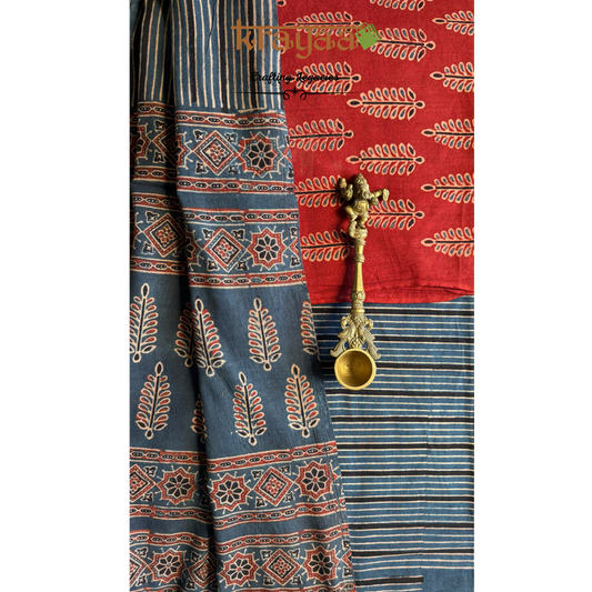 Red Natural Dyed Ajrakh  Handblock Print - Unstitched Suit Set With Dupatta