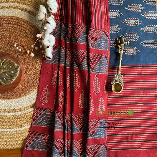 Blue Natural Dyed Ajrakh  Handblock Print - Unstitched Suit Set With Dupatta