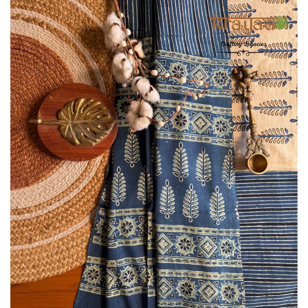 Biege Natural Dyed Ajrakh  Handblock Print - Unstitched Suit Set With Dupatta