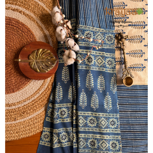 Biege Natural Dyed Ajrakh  Handblock Print - Unstitched Suit Set With Dupatta