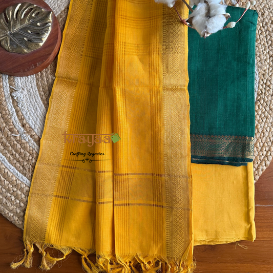 Dark Green and Yellow Mangalagiri  Cotton Dress Material Set