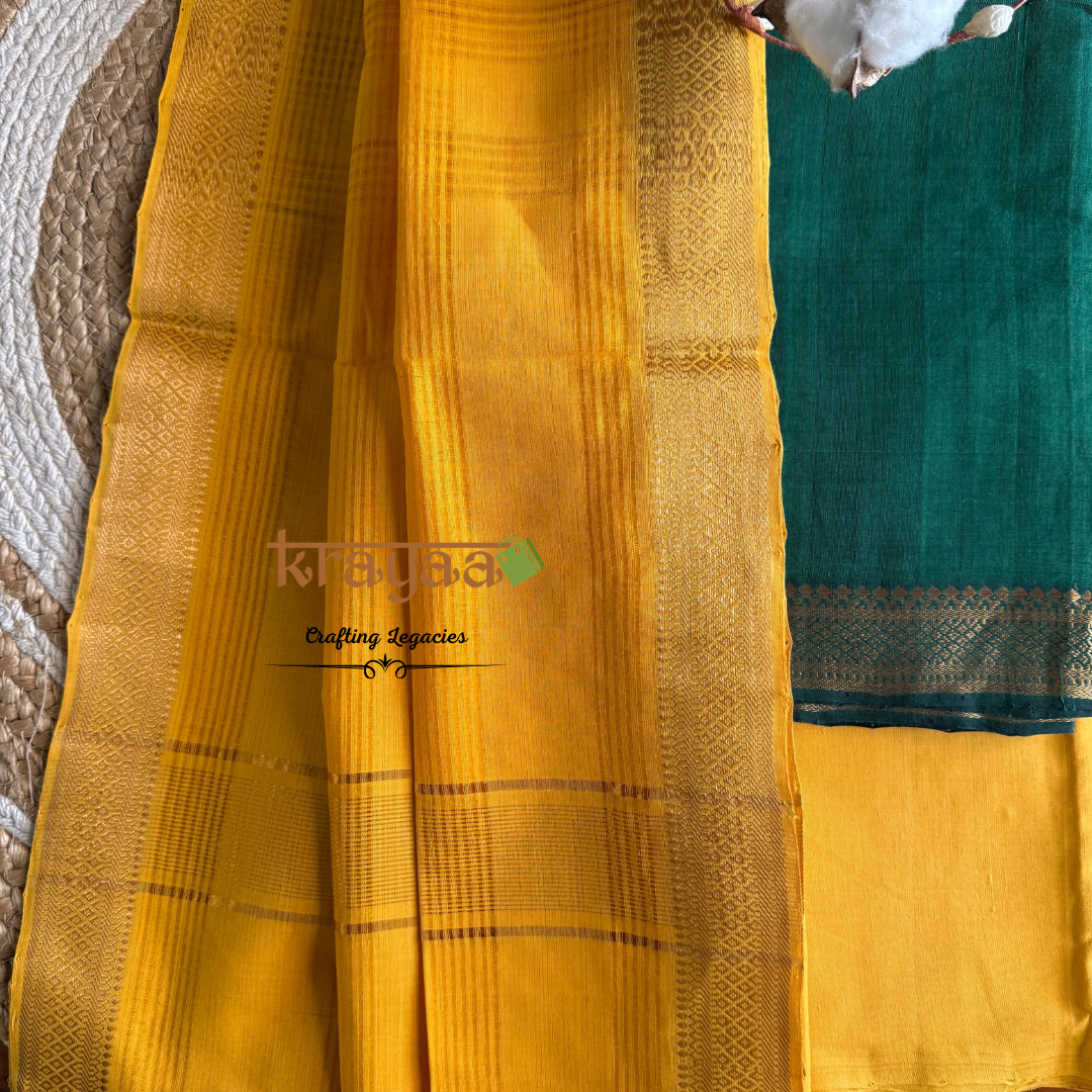 Dark Green and Yellow Mangalagiri  Cotton Dress Material Set