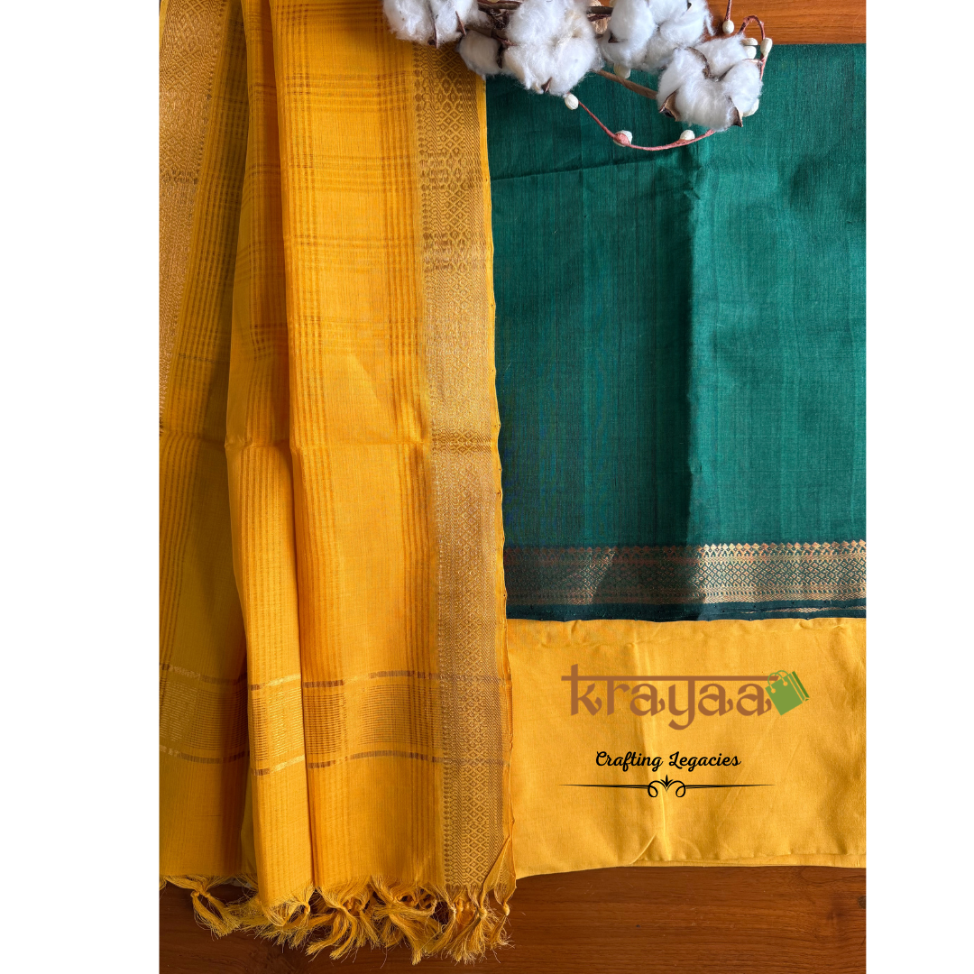 Dark Green and Yellow Mangalagiri  Cotton Dress Material Set