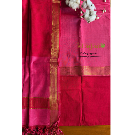 Pink and Red Mangalagiri  Cotton Dress Material Set