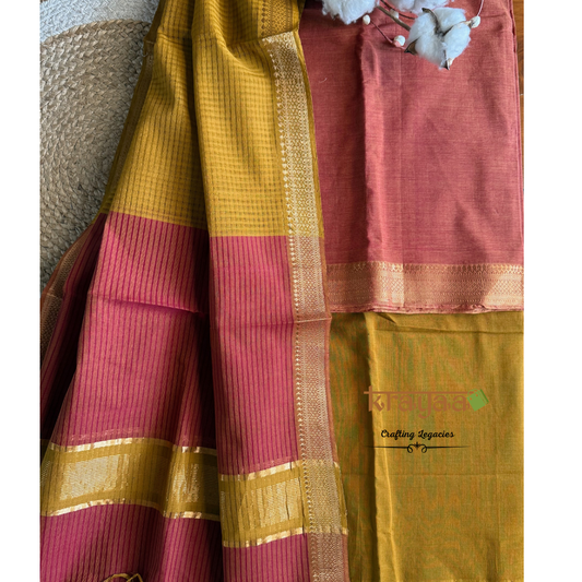 Brown and Mustard Mangalagiri  Cotton Dress Material Set