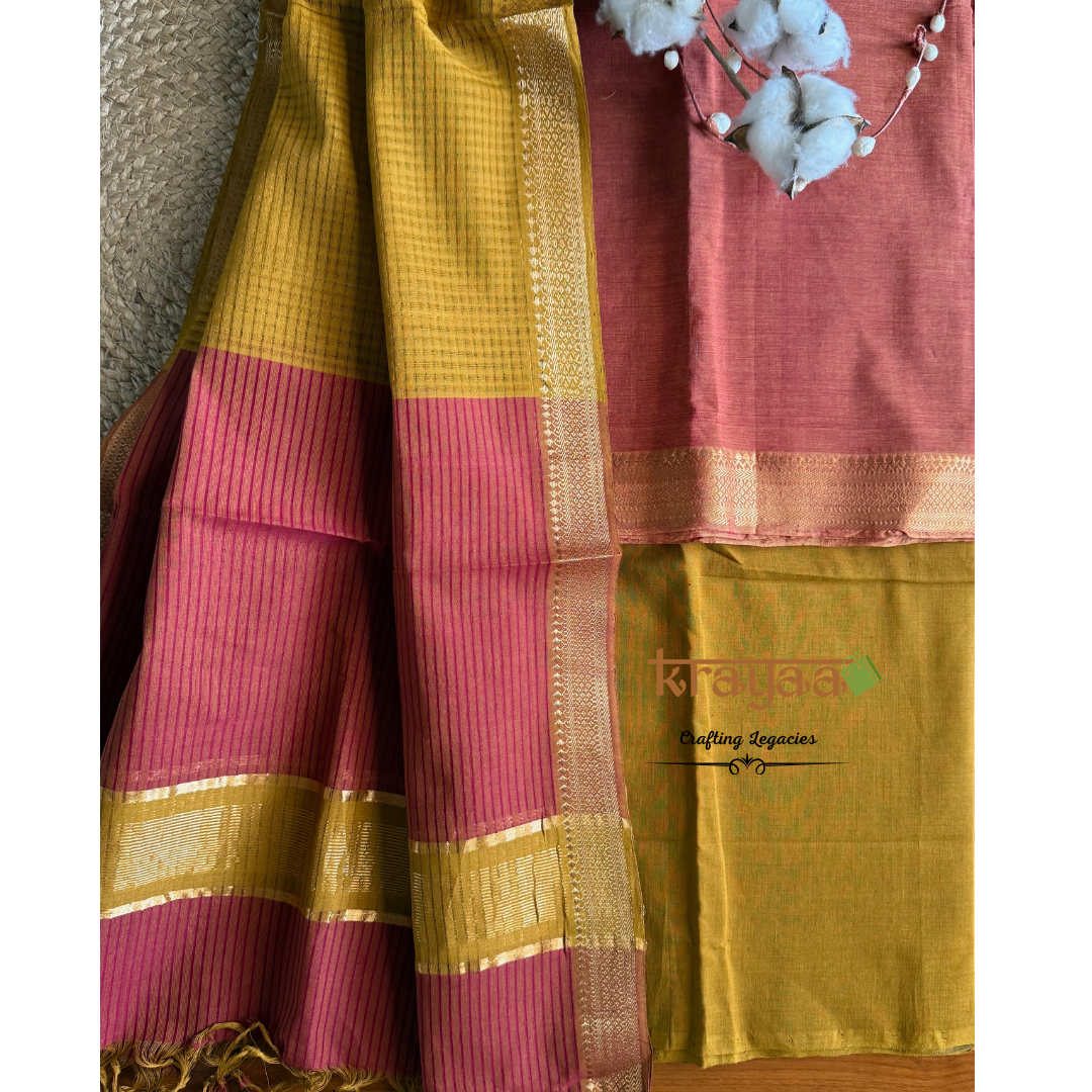 Brown and Mustard Mangalagiri  Cotton Dress Material Set
