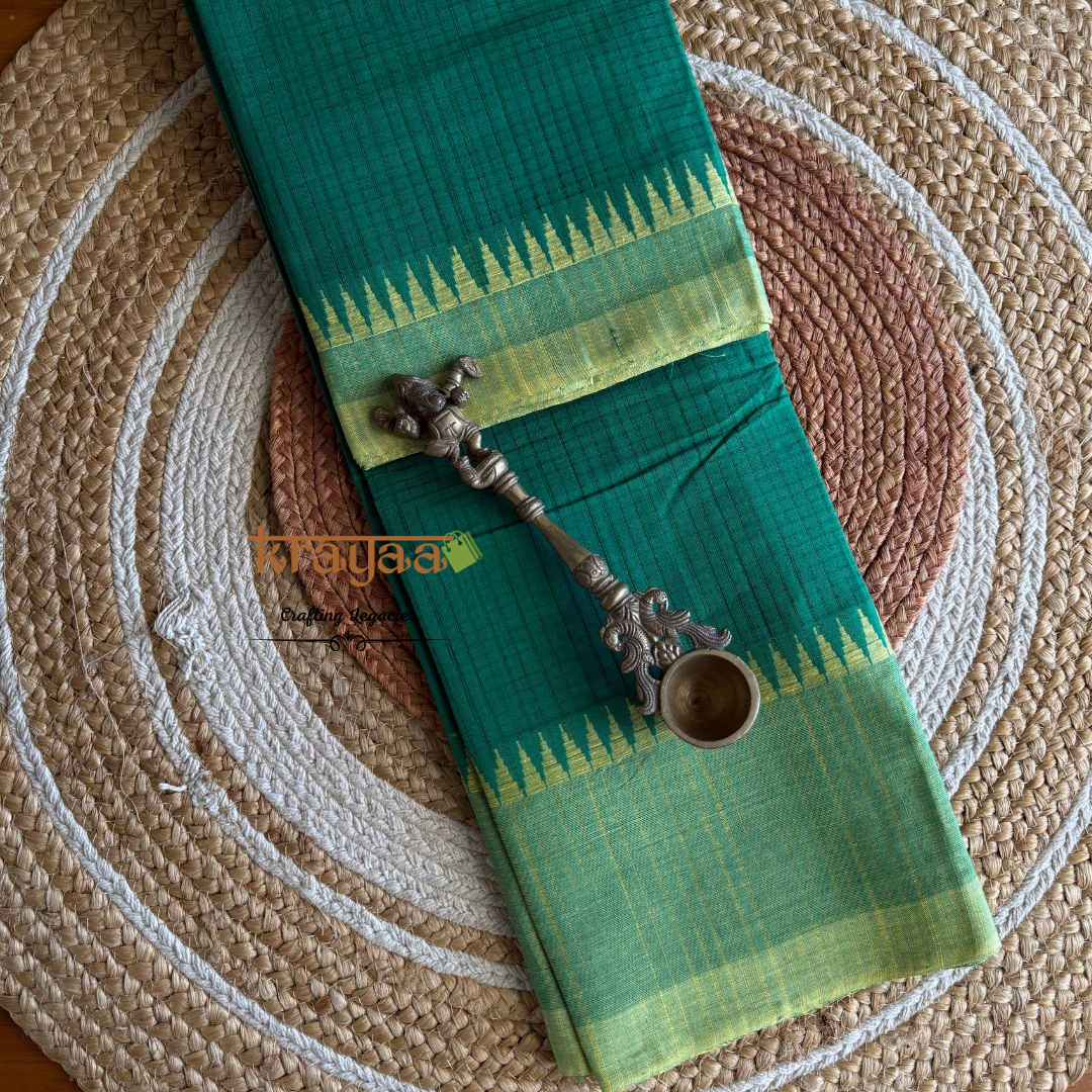 Dark Green Cotton Saree With Thread Border In Light Green