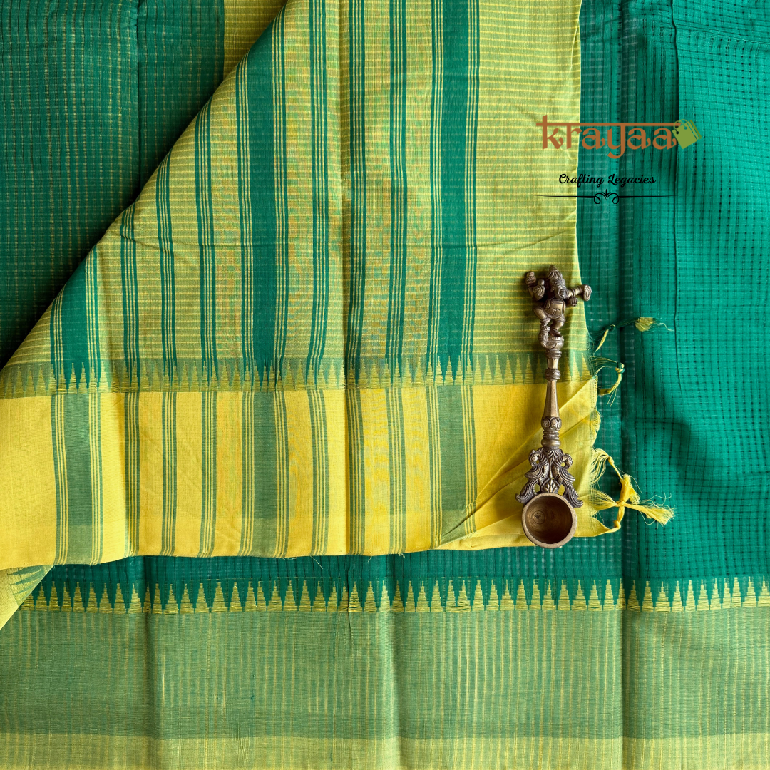 Dark Green Cotton Saree With Thread Border In Light Green