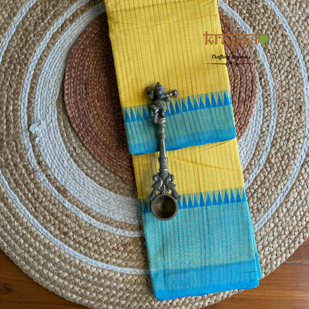 Yellow Cotton Saree With Thread Border In Blie