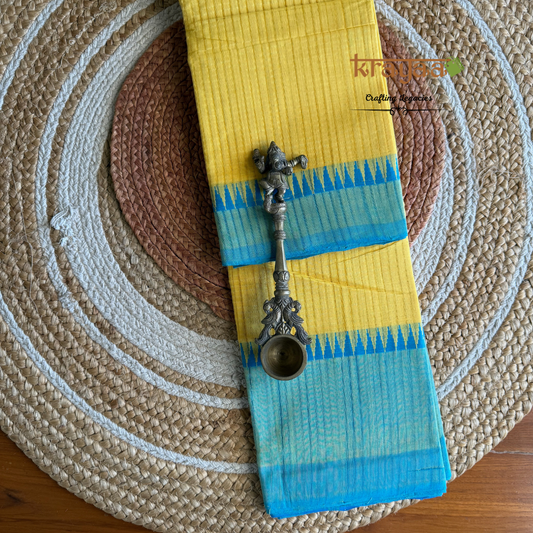 Yellow Cotton Saree With Thread Border In Blie