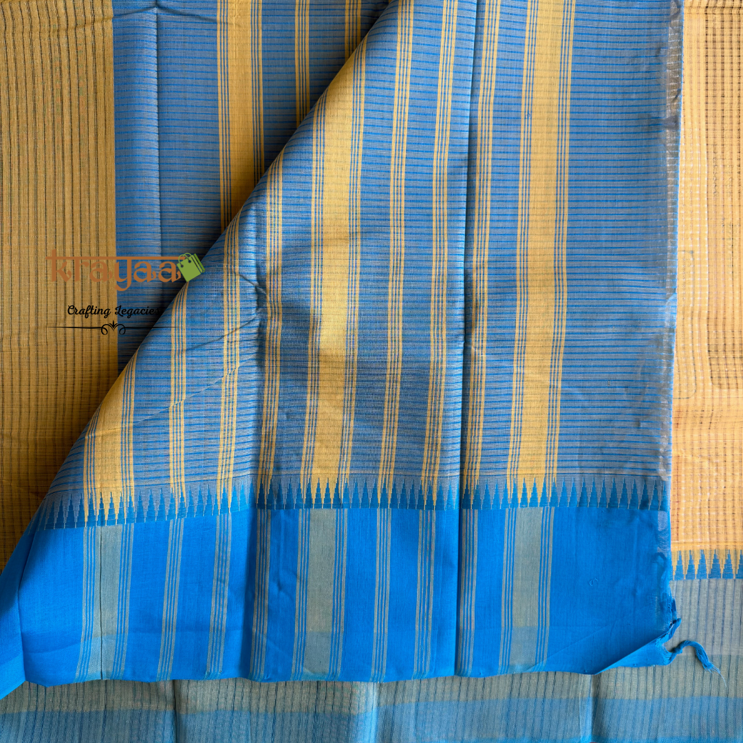 Yellow Cotton Saree With Thread Border In Blie