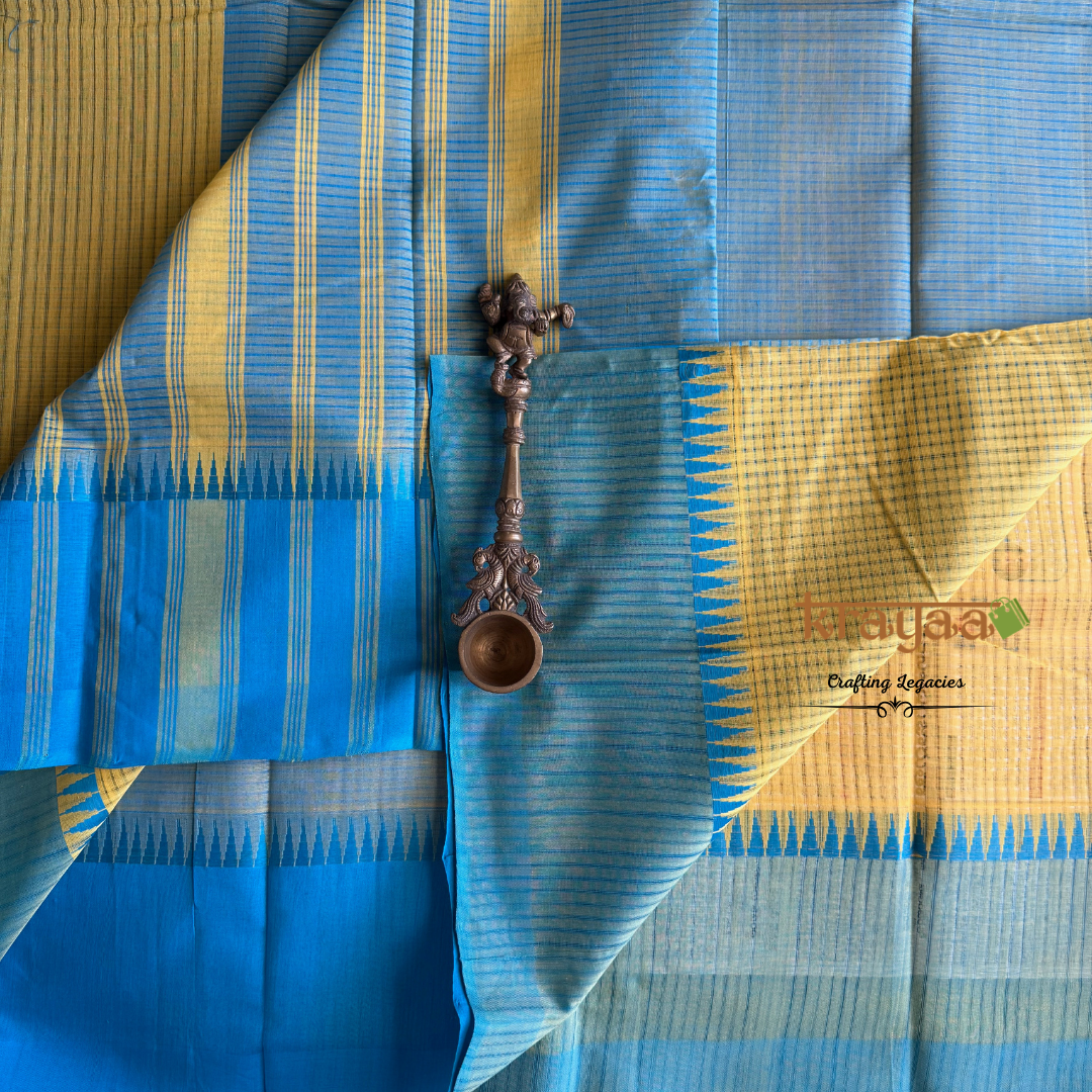 Yellow Cotton Saree With Thread Border In Blie