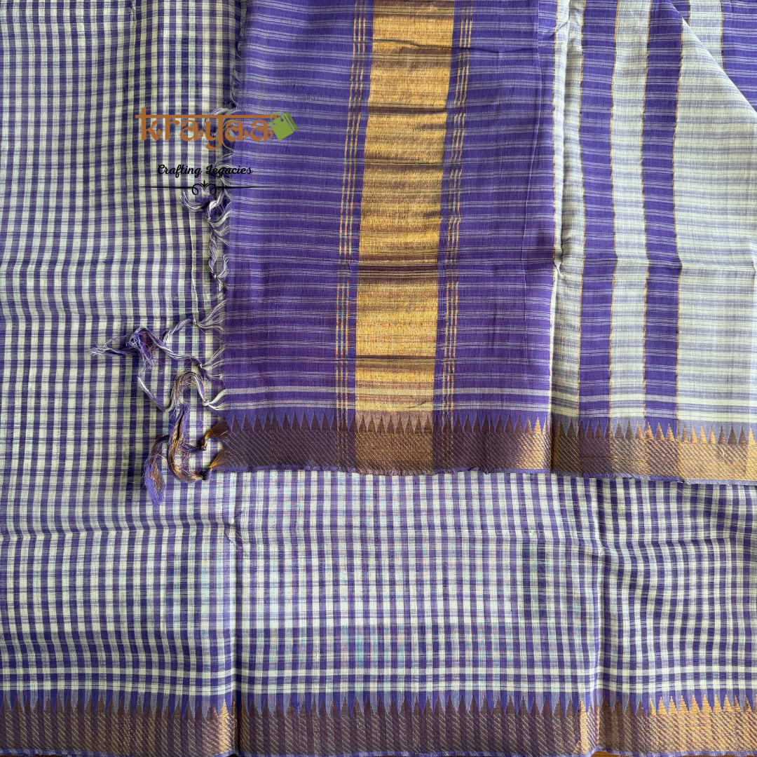 Lavender And White Mangalagiri Cotton Saree With Small Checks