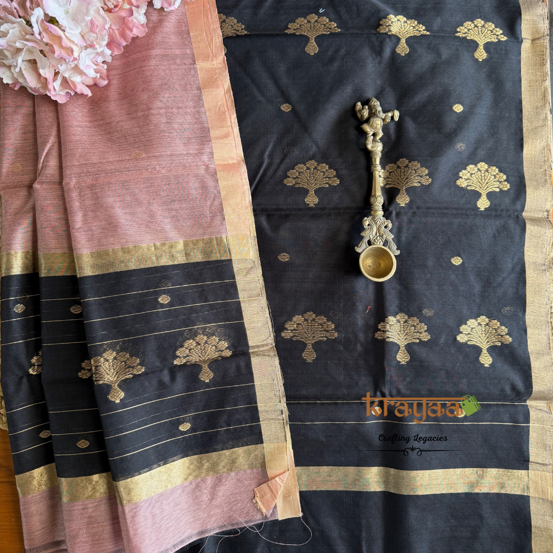 Black And  Pink Chanderi Silk Cotton - Unstitched Suit Set