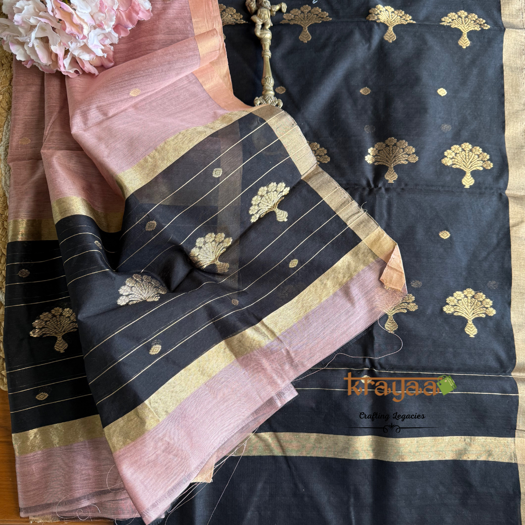 Black And  Pink Chanderi Silk Cotton - Unstitched Suit Set