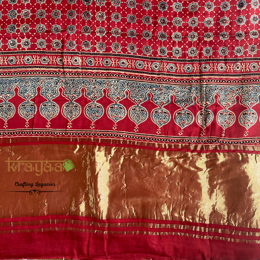 Hand block printed Ajrakh on Modal Silk Saree