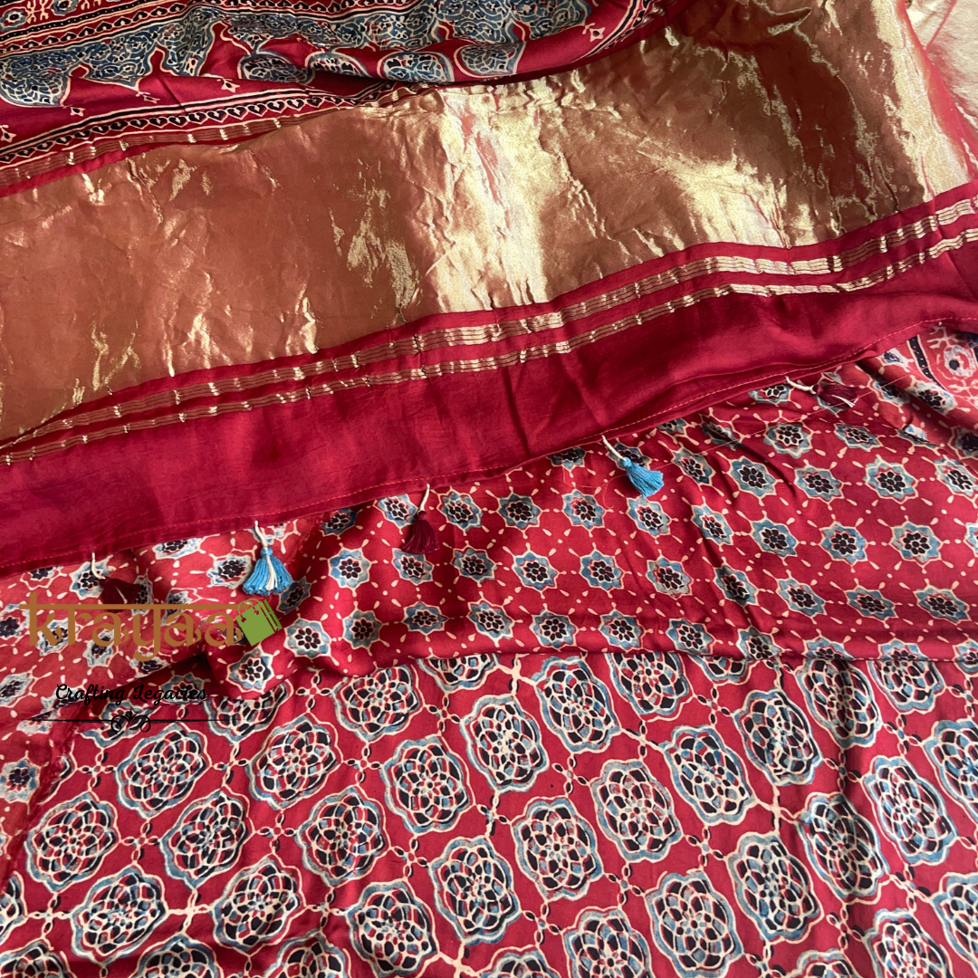 Hand block printed Ajrakh on Modal Silk Saree