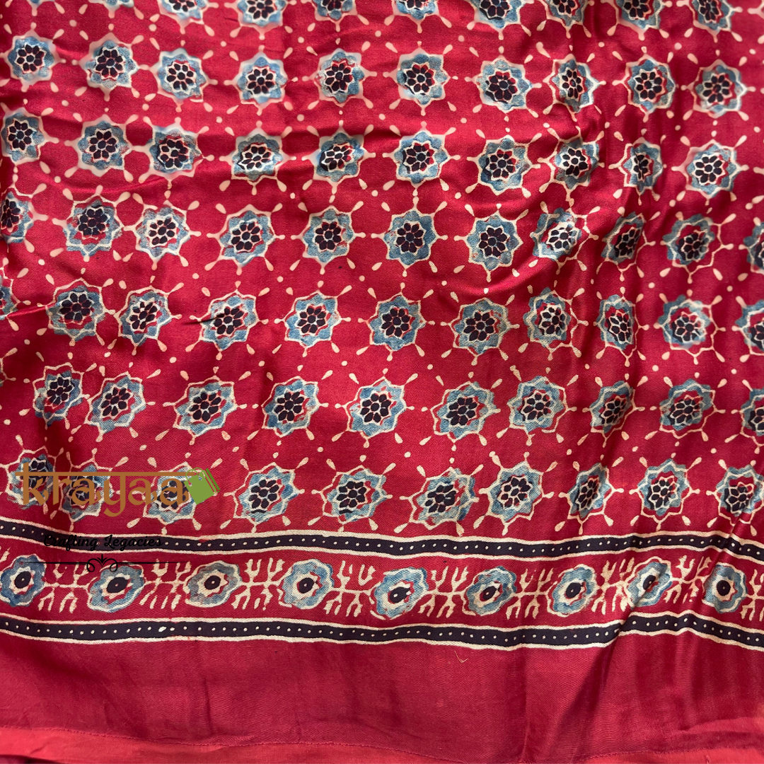 Hand block printed Ajrakh on Modal Silk Saree